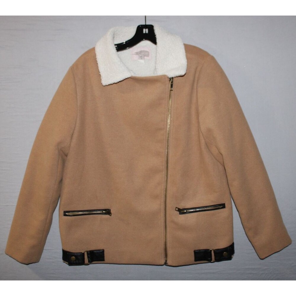 Forever 21 Women’s Brown Teddy Moto Coat Sherpa Lined Large Full Zip Winter